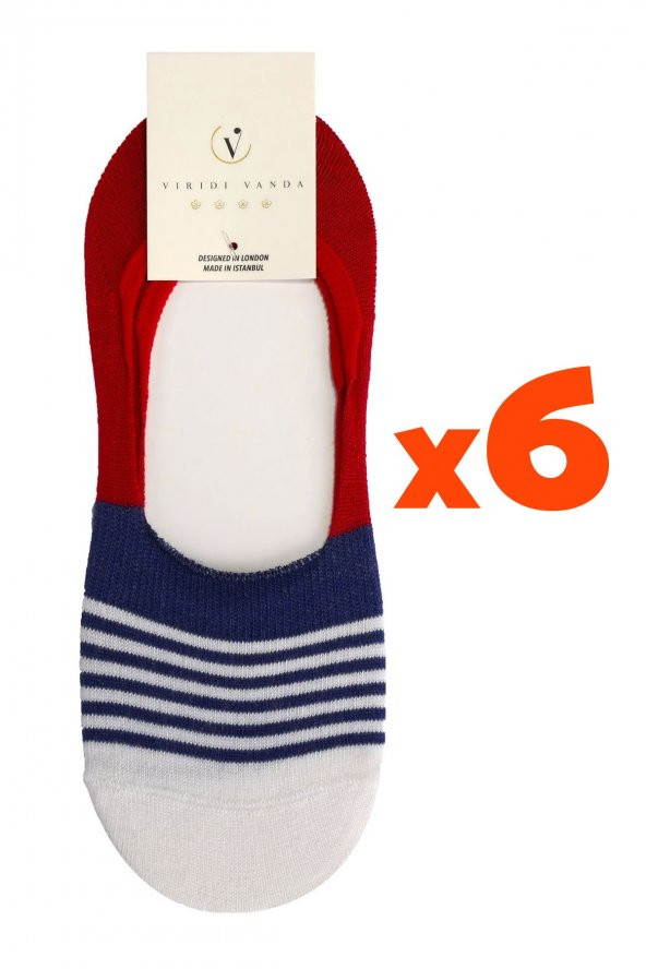 Tüter Kırmızı Lacivert Ekru Desenli Babet Çorap 6lı Set