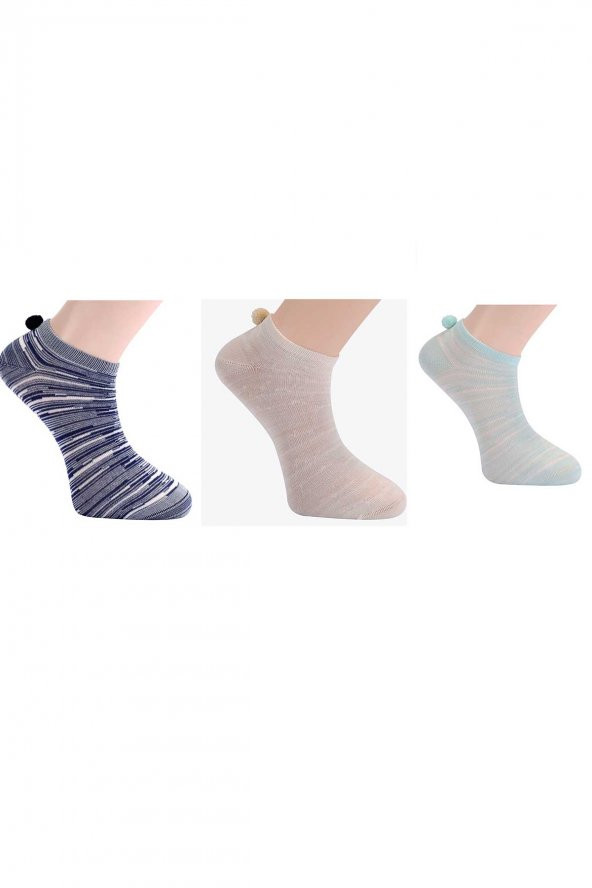 Tüter Ponponlu Desenli 3 Farklı Renk 3lü Set Patik Kadın Çorap