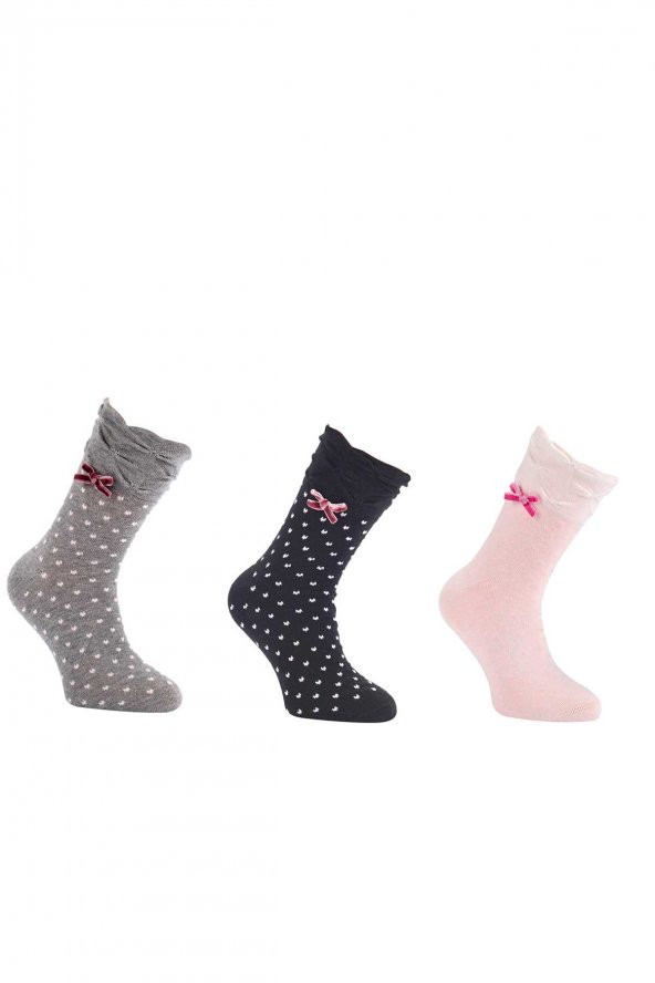 Tüter Büzgülü Desenli 3 Farklı Renk 3lü Set Kadın Çorap