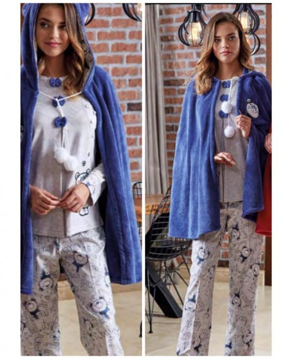 BONE CLUB 4611 Mavi PELERİNLİ HAMİLE LOHUSA 3 LÜ PİJAMA SABAHLIK TAKIM - 2