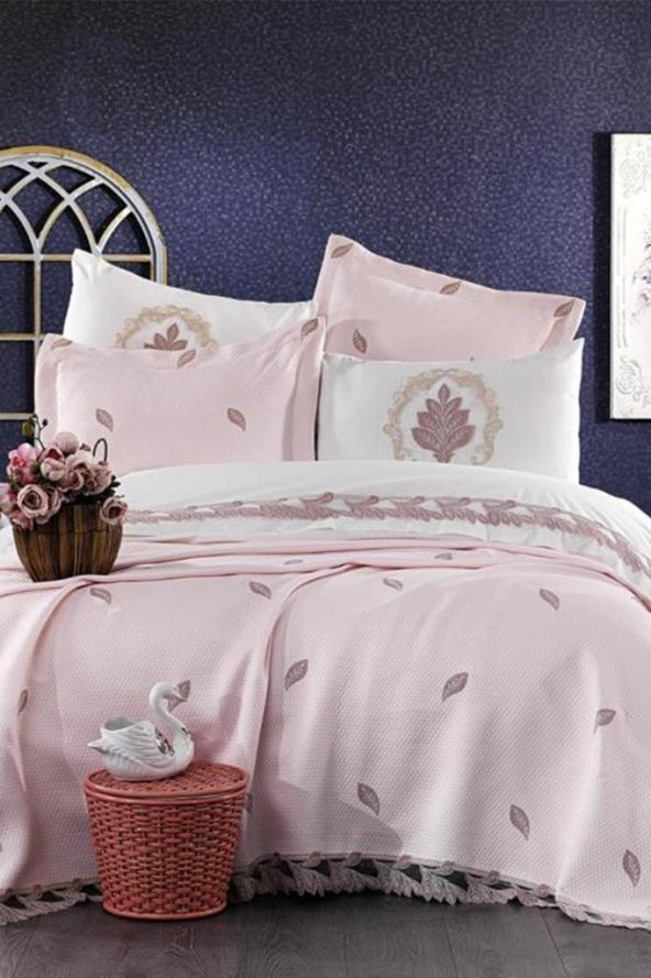 Fransız Güpürlü Nakışlı Alya Gelin Seti Pudra - Resim 2