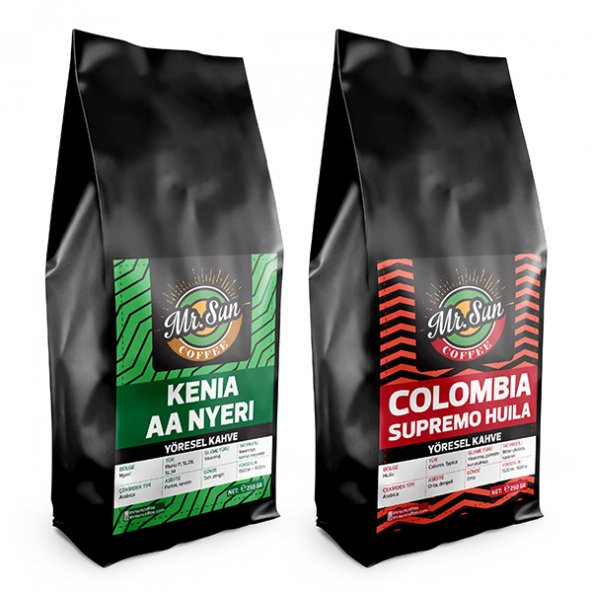 Mr. Sun Coffee Colombia Supremo ve Kenia AA 2 x 250 Gr. Yöresel Filtre Kahve