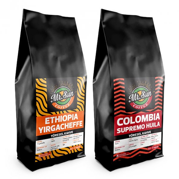 Mr. Sun Coffee Ethiopia Yirgacheffe ve Colombia Supremo 2 x 250 Gr. Yöresel Filtre Kahve