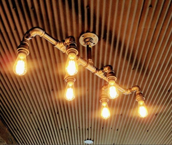 Demir boru Sarı Ampulden, Endüstriyel Malzeme Rustik Avize - Resim 3