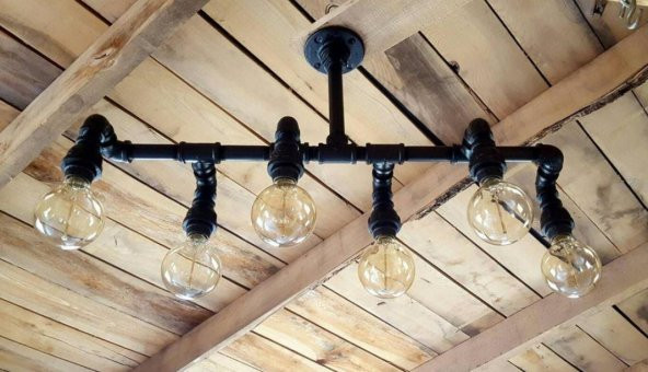 Demir boru Sarı Ampulden, Endüstriyel Malzeme Rustik Avize - Resim 5