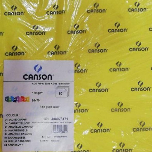 Canson Colorline Kanarya Sarısı Fon Kartonu 50x70 cm - 150 Gr 25´li Paket İnce Taneli - Asit İçermez