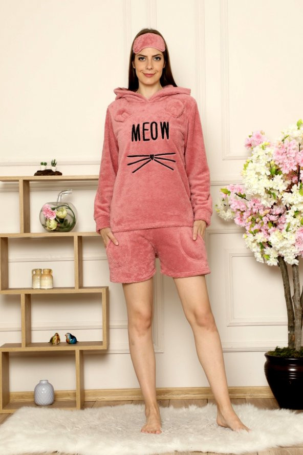 Kışlık Kapüşonlu Şortu Peluş Kadın Pijama Takımı