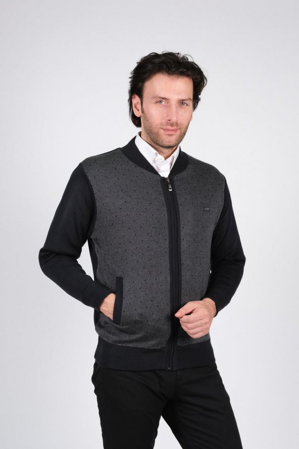 Çizgi Triko Erkek Hakim Yaka Astarlı Triko Mont Fermuarlı Desenli Kol Ve Bel Lastikli Çelik Örgü - 3