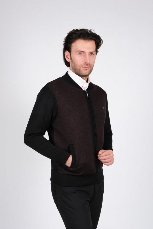 Çizgi Triko Erkek Hakim Yaka Astarlı Triko Mont Fermuarlı Desenli Kol Ve Bel Lastikli Çelik Örgü - 8