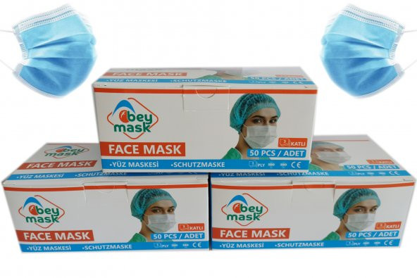 BeyMask 3 Katlı Full Ultrasonik Telli Meltblown Kumaş Cerrahi Maske 50'li 3 Kutu