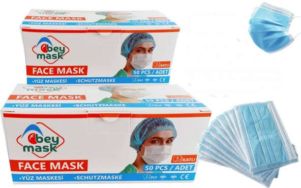 BeyMask 3 Katlı Full Ultrasonik Telli Spunbond Kumaş Cerrahi Maske 50'li 2 Kutu