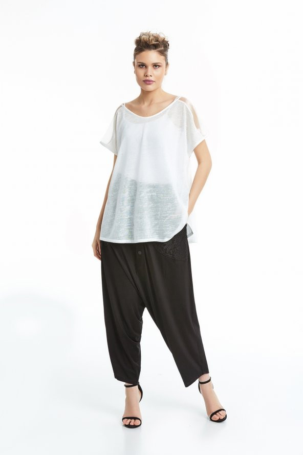 Kısa Kol Sifon Omuz Detaylı Rahat Kesim Bluz Ekru 20Y37028-16