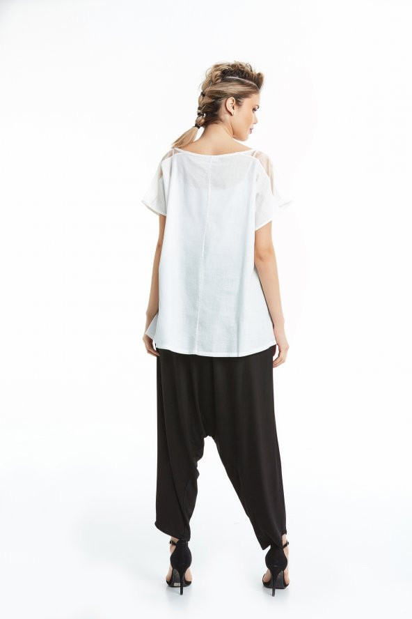 Kısa Kol Sifon Omuz Detaylı Rahat Kesim Bluz Ekru 20Y37028-16 - 3