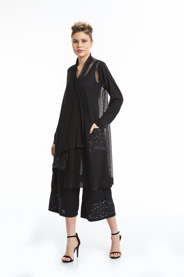 Uzun Kol File Detaylı Rahat Kesim Gömlek Elbise Siyah 20Y37013-99 - 4