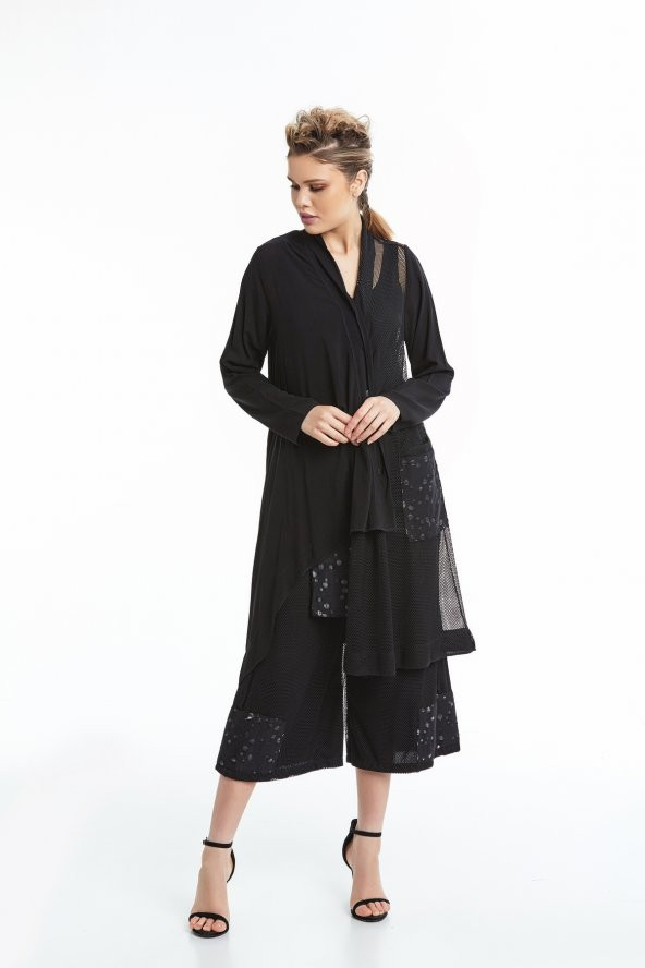 Uzun Kol File Detaylı Rahat Kesim Gömlek Elbise Siyah 20Y37013-99 - 5