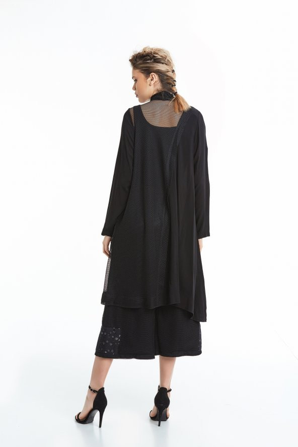 Uzun Kol File Detaylı Rahat Kesim Gömlek Elbise Siyah 20Y37013-99 - 2