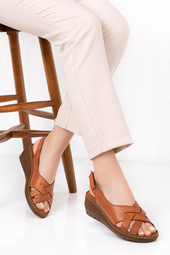 Hakiki Deri Kadın Comfort Sandalet - TABA B242T