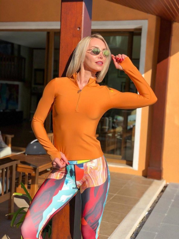 Dar Kesim Kadın Koyu Hardal Parmak Geçmeli Sweatshirt