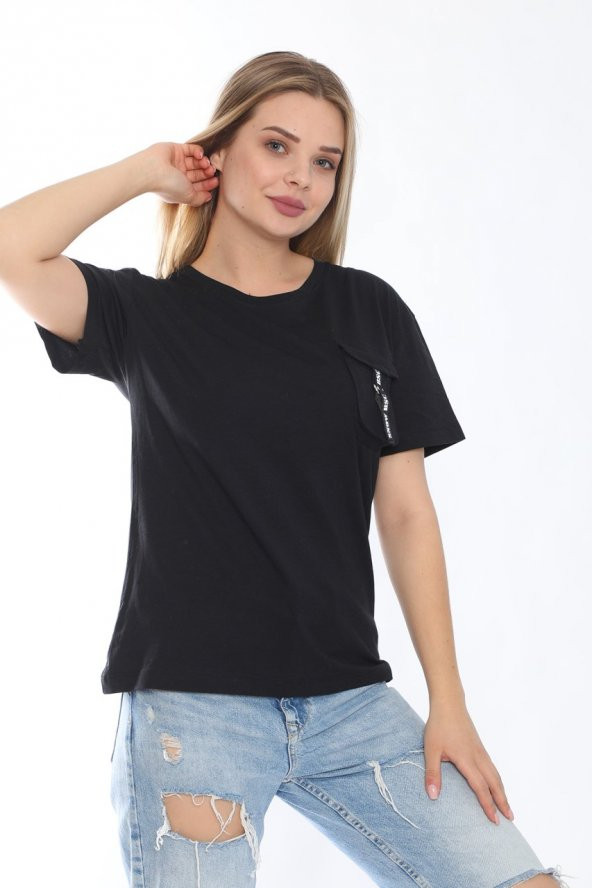 Cep Detaylı Siyah Renk Basic T-Shirt