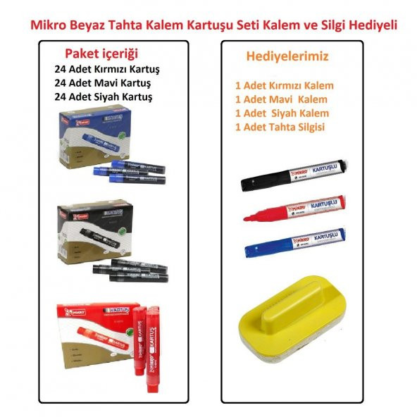 Mikro Beyaz Tahta Kalemi Kartuşu Seti Kalem ve Silgi Hediyeli - 2