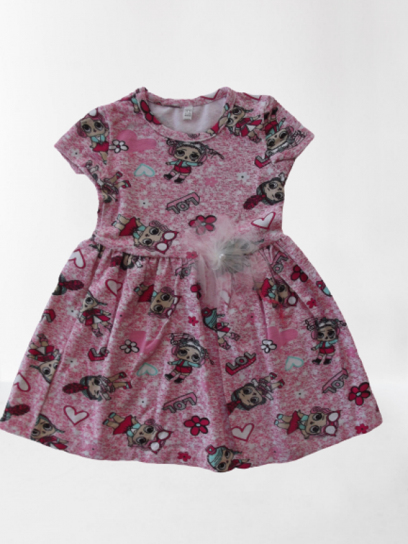 Kız Bebek Desenli Elbise 6-9-12-18-24 Ay Tül Detaylı