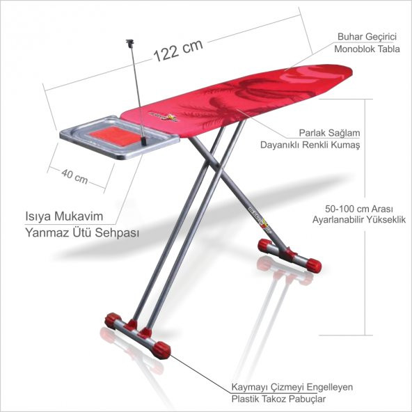 Yüksekliği Ayarlanabilir Ütü Sehpalı Kablo Tutuculu Ütü Masası