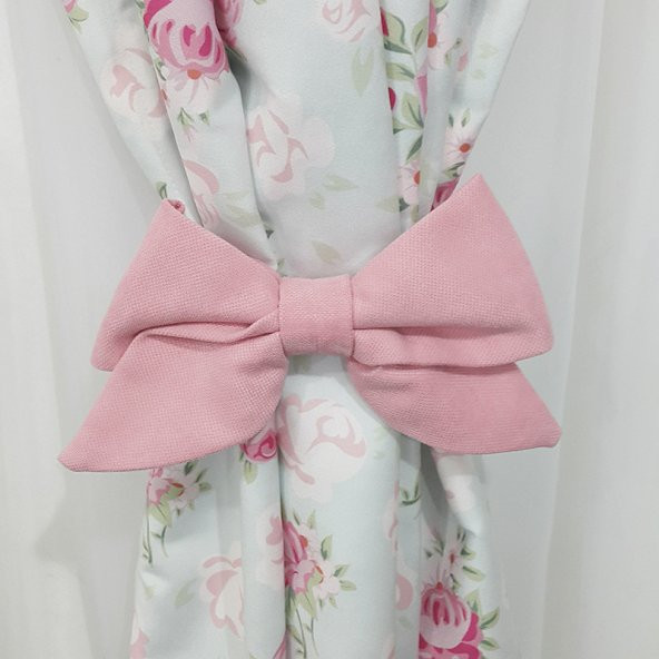 Vintage Stil  Çiçekli Pembe Kurdeleli Fon Perdeler - 3