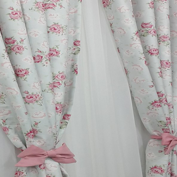 Vintage Stil  Çiçekli Pembe Kurdeleli Fon Perdeler - 4