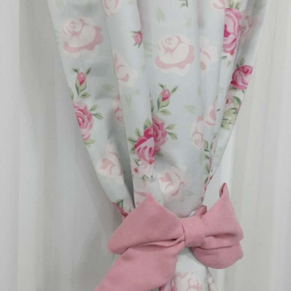 Vintage Stil  Çiçekli Pembe Kurdeleli Fon Perdeler - 5