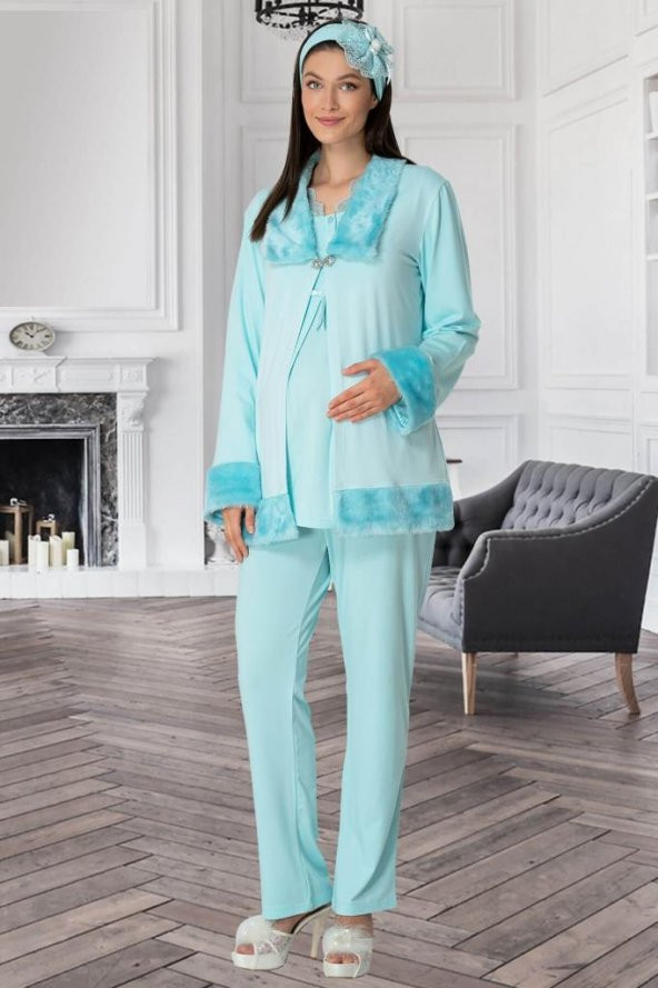 Mecit 5304 Turkuaz  Peluş Detaylı  Sabahlıklı Lohusa Pijama Takımı - 2
