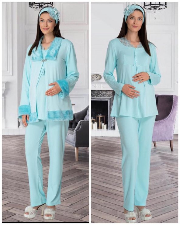 Mecit 5304 Turkuaz  Peluş Detaylı  Sabahlıklı Lohusa Pijama Takımı - 4