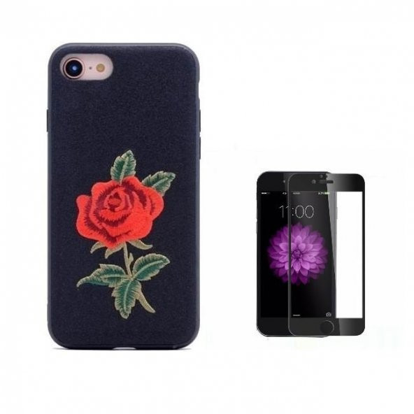 Teleplus iPhone 8 Gül Desenli Dikişli Silikon Kılıf  + Tam Kapatan Cam - 1