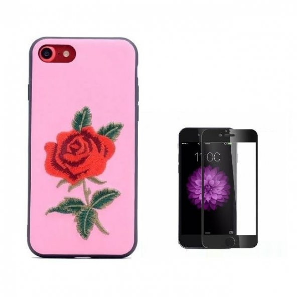 Teleplus iPhone 8 Gül Desenli Dikişli Silikon Kılıf  + Tam Kapatan Cam - 2