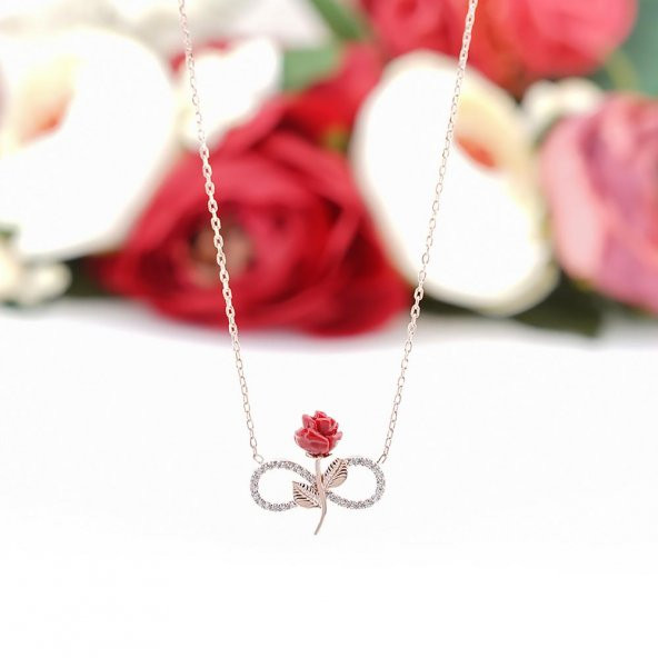 925 Ayar Sonsuzluk Simgeli Gül Motifli Gümüş Bayan Kolye - 2