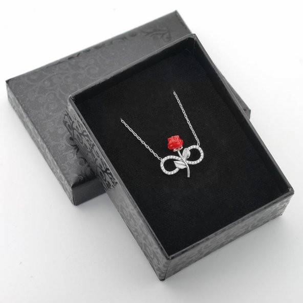 925 Ayar Sonsuzluk Simgeli Gül Motifli Gümüş Bayan Kolye - 4