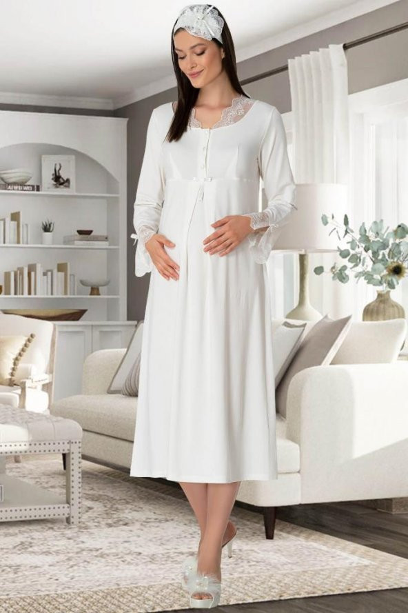 Mecit Pijama 5312 Ecru Hamile Lohusa Gecelik - 2