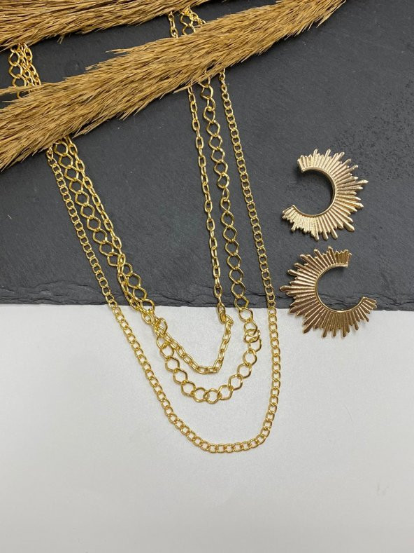 3'Lü Set Zincir Kolye Hilal Küpe Seti