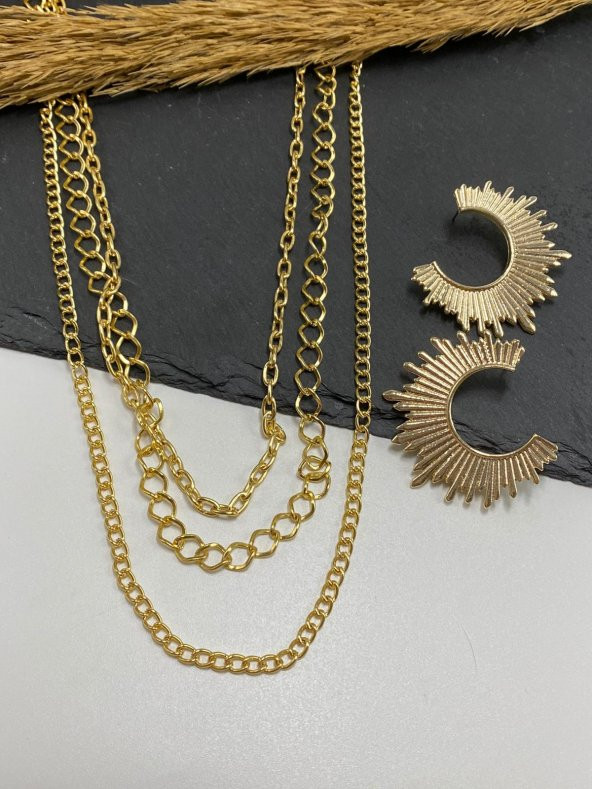 3'Lü Set Zincir Kolye Hilal Küpe Seti - 2