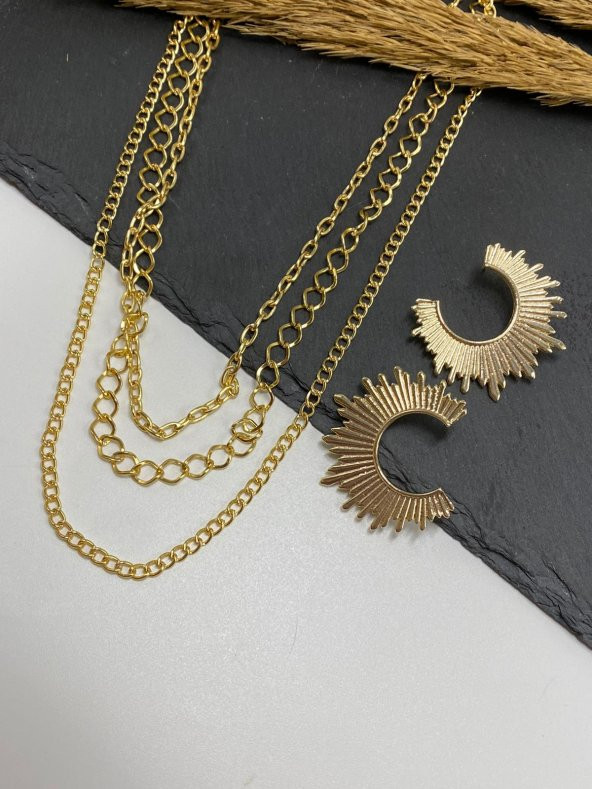 3'Lü Set Zincir Kolye Hilal Küpe Seti - 3