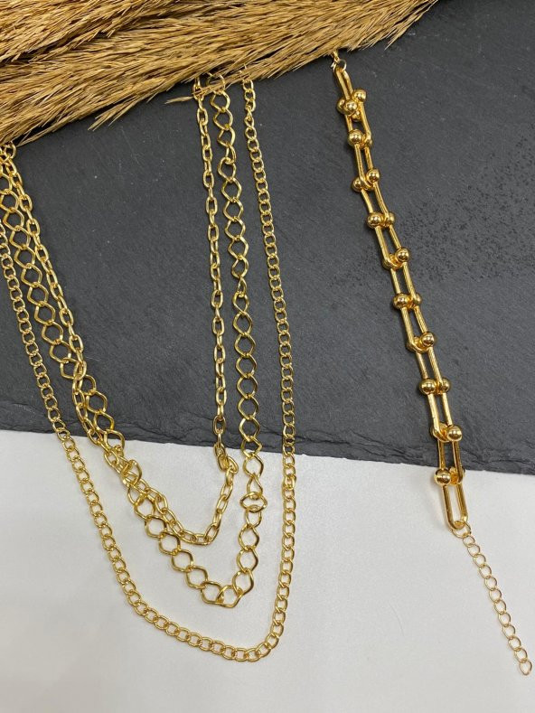 3'Lü Set Zincir Kolye Tiffany Bileklik Seti