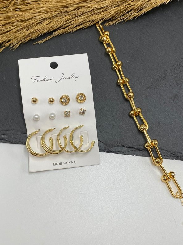 Altın Çoklu Set Küpe Tiffany Bileklik Seti