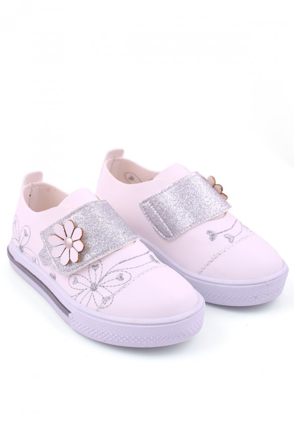 Akıllı Şirin Ortopedik Genç Kız Çocuk Nakış İşlemeli Mevsimlik Ayakkabı Beyaz Gümüş - 2