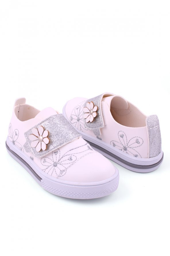 Akıllı Şirin Ortopedik Genç Kız Çocuk Nakış İşlemeli Mevsimlik Ayakkabı Beyaz Gümüş - 3