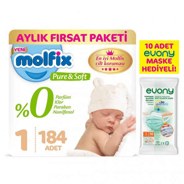 "Molfix Pure and Soft Bebek Bezi Yeni Doğan 100 Adet + +Evony Maske 10lu Hediyeli "