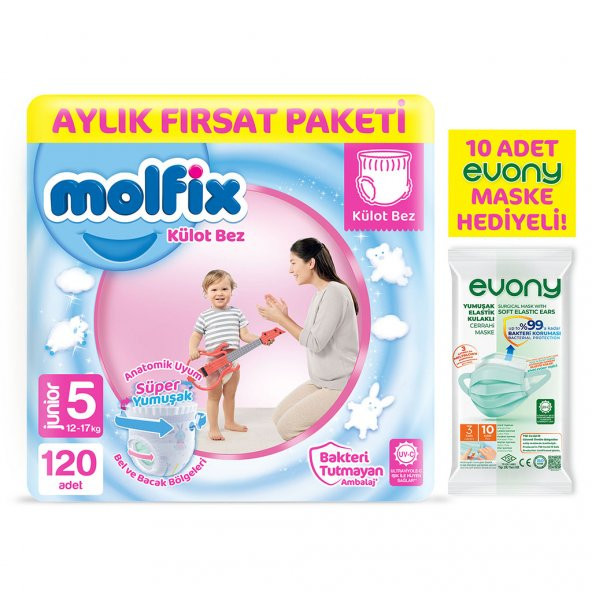 Molfix Külot Bez 5 Beden Junior Aylık Fırsat Paketi 120 adet +Evony Maske 10lu Hediyeli