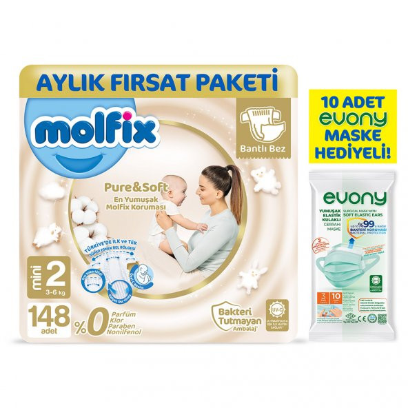 Molfix Pure&Soft 2 Beden Mini Aylık Fırsat Paketi 148 Adet Evony Maske 10 Adet Hediye