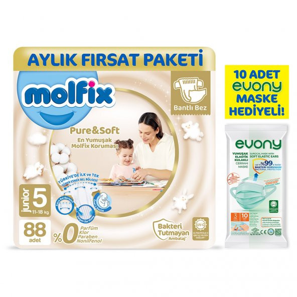 Molfix Pure&Soft 5 Beden Junior Aylık Fırsat Paketi 88 Adet Evony Maske 10 Adet Hediye