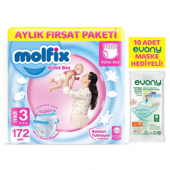 Molfix Külot Bez 3 Beden Midi Aylık Fırsat Paketi 172 Adet Evony Maske 10 Adet Hediye