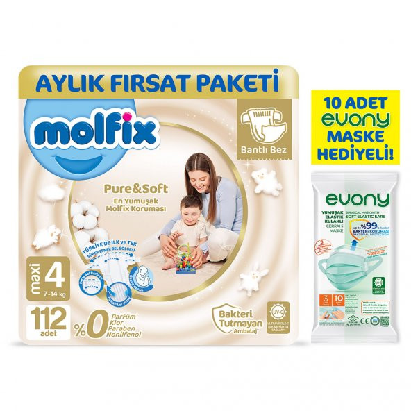 Molfix Pure&Soft 4 Beden Maxi Aylık Fırsat Paketi 112 Adet Evony Maske 10 Adet Hediye
