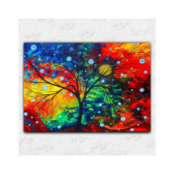 İyi Olsun Nazar Boncuğu ve Ağaç Temalı Renkli Kanvas Tablo 50 x 70 cm